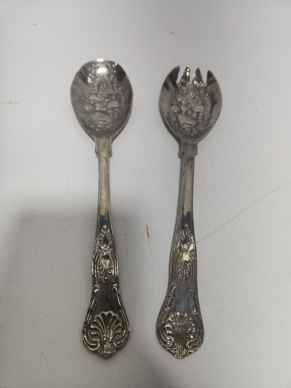Vintage Silver Plate Fruit Motif Salad Serving Spoon & Fork Set Ornate 8.5"